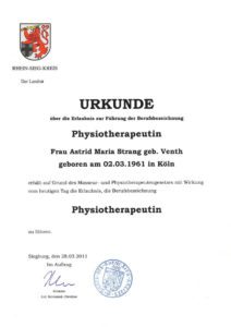 Qualifikation und Nachweis der Physiotherapie Praxis mensana•med in Köln für den Bereich der Physiotherapie.